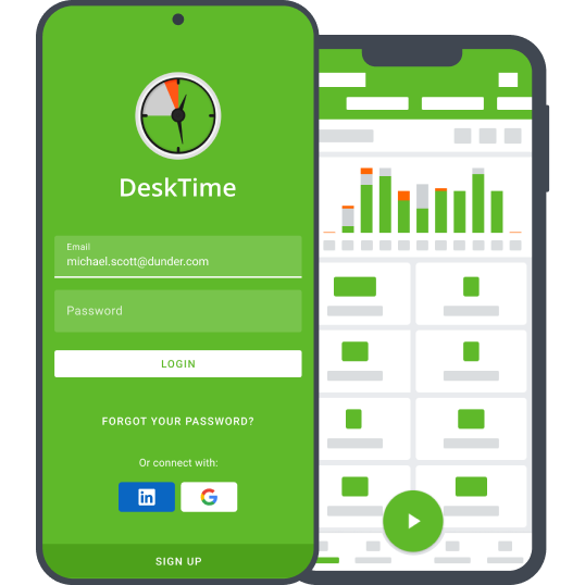 Captura de pantalla del sistema móvil de seguimiento del tiempo DeskTime con un smartphone