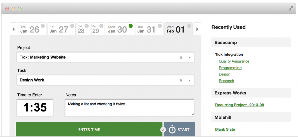 A screenshot of Tick online timesheet software