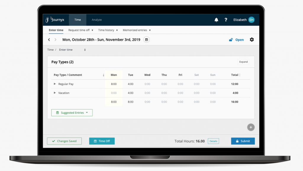 A screenshot of Journyx timesheet program