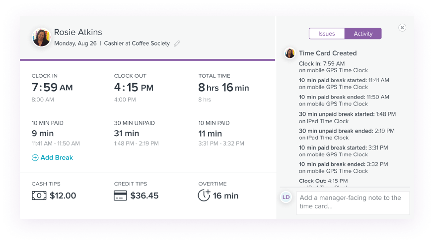 A screenshot of  the dashboard in Homebase online timesheet software