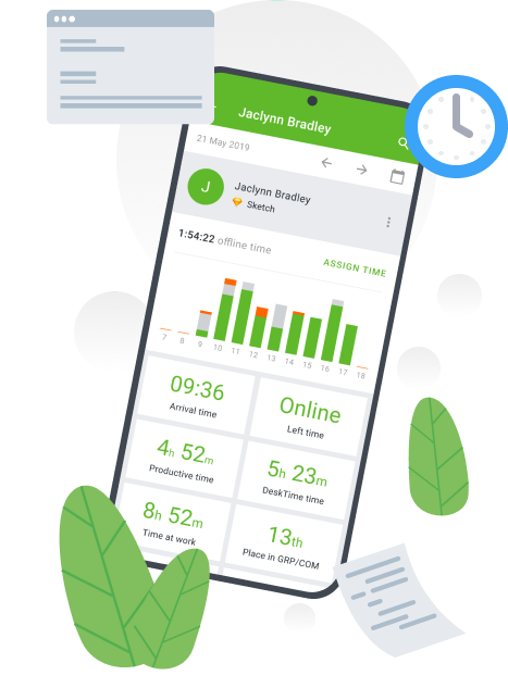 Illustration of employee productivity statistics in the DeskTime time tracking app for Android