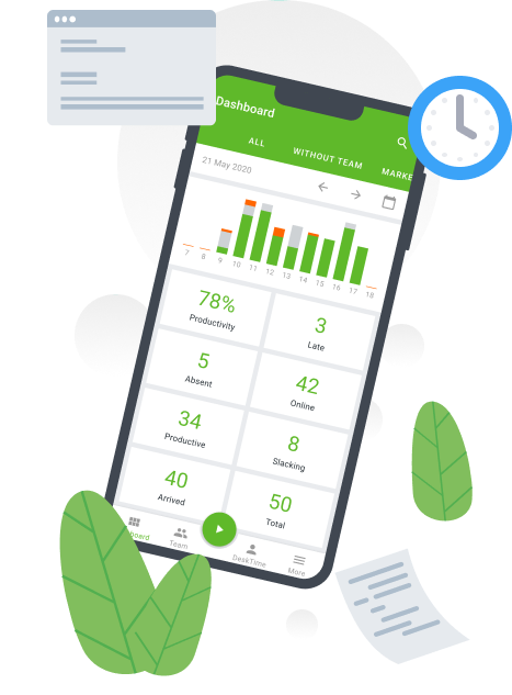 Illustration of the dashboard in the DeskTime time tracking app for iPhone